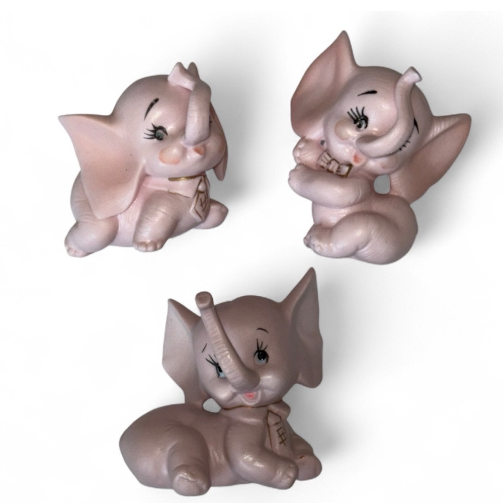 Vintage Adorable Pink Porcelain Elephant Figurines Mid Century